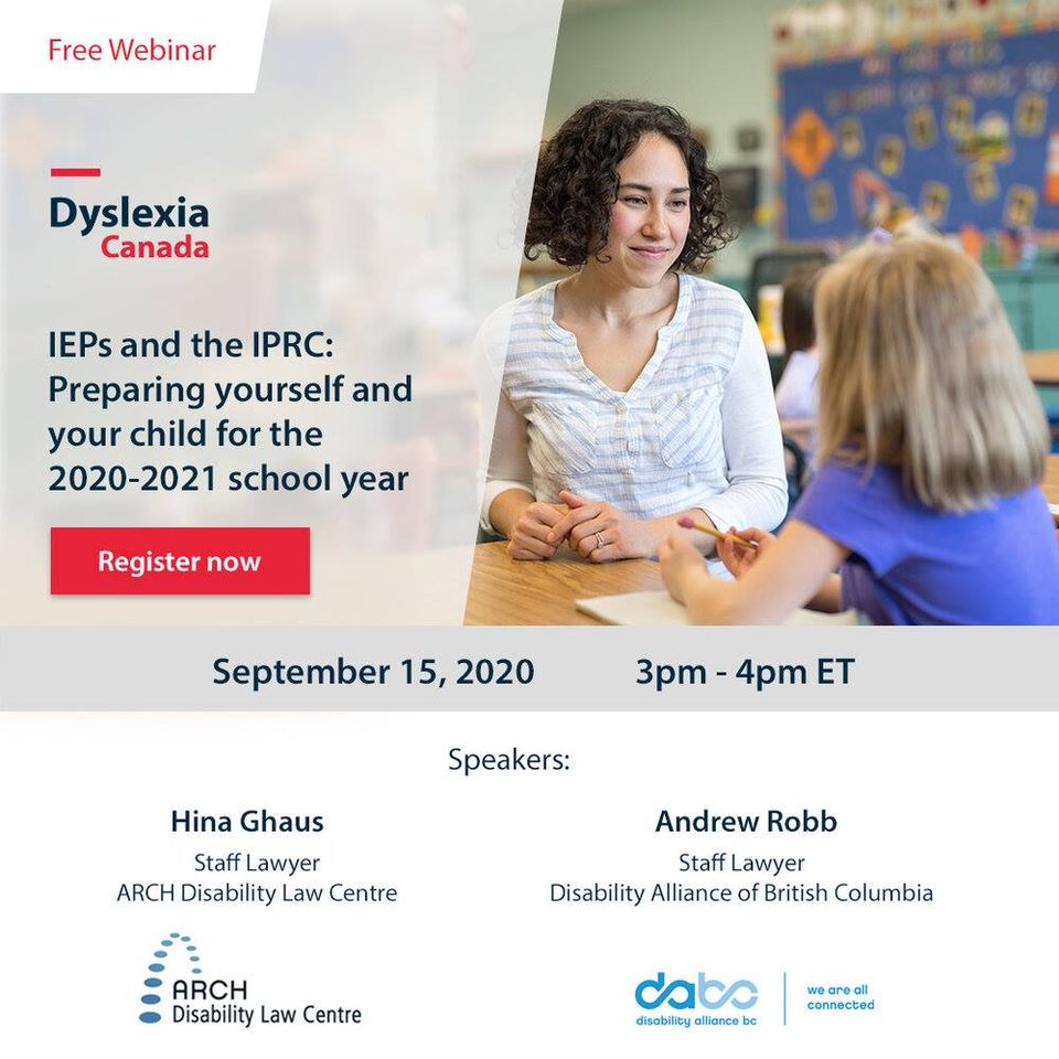 [Image description: Young female teacher with curly hair smiles at a young child.
Text reads: IEPs and the IPRC: Preparing yourself and your child for the 2020-2021 school year. Register now. September 15, 2020. 3PM-4PM ET.
