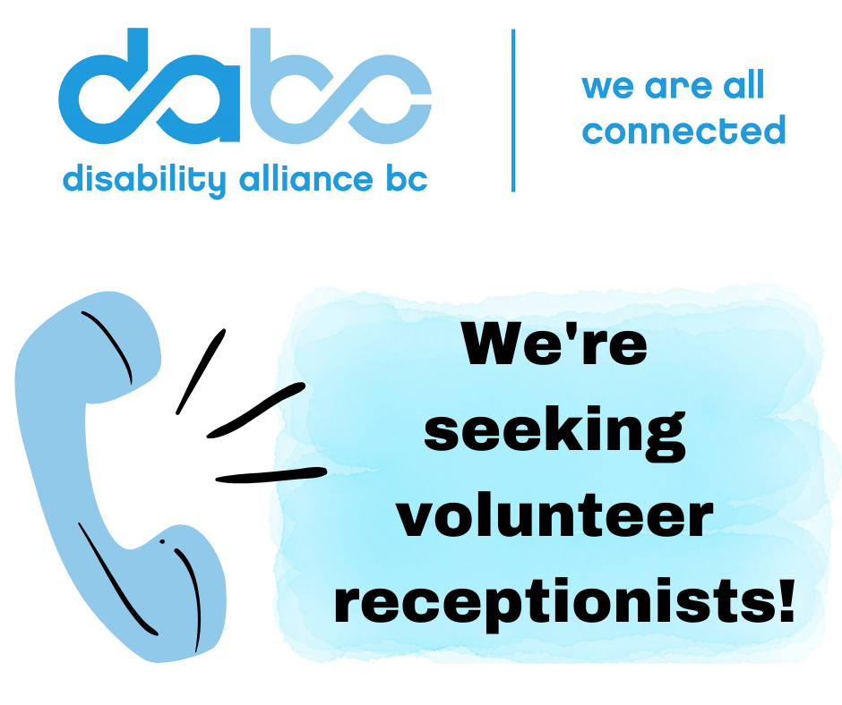 Graphic that says "We're seeking volunteer receptionists!" in black font, over a watercolour blue rectangle. There is a graphic of a landline phone and the DABC logo is at the top of the page. 