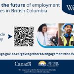 WorkBC banner that says "Help shape the future of employment services in British Columbia." There is a QR code to scan and the engagement link that is listed in the post, as well as photos of three people doing different jobs.