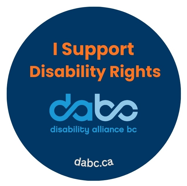dark blue pin with the DABC logo in blue, and text that says "I Support Disability Rights. dabc.ca."