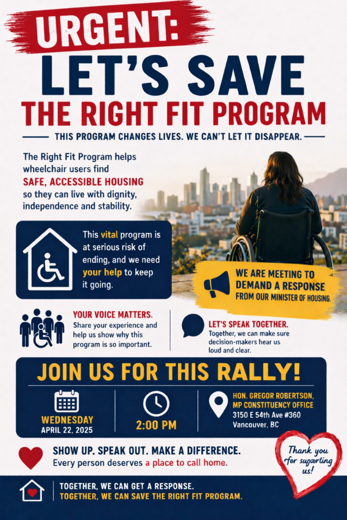 Person in wheelchair overlooking city skyline with urgent call to attend a rally (information in post) to save the Right Fit Program.