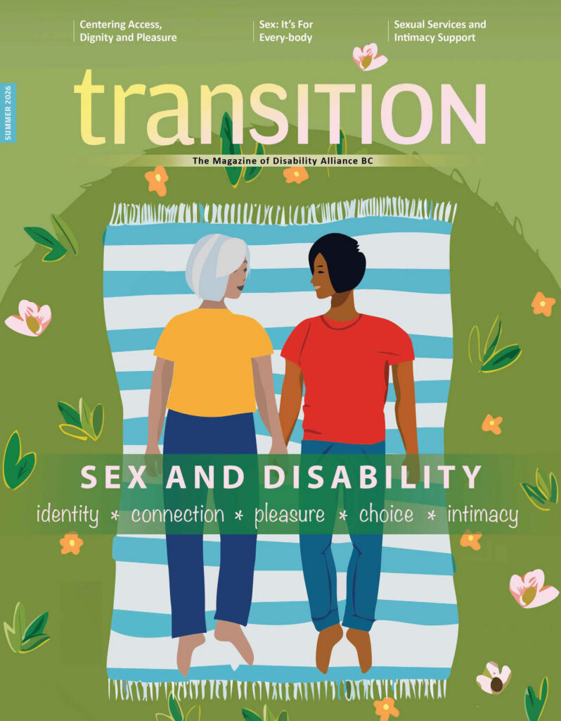 Cover for the Summer 2026 edition of Transition magazine, which features two people lying together on a blanket in a field, holding hands and smiling at each other.